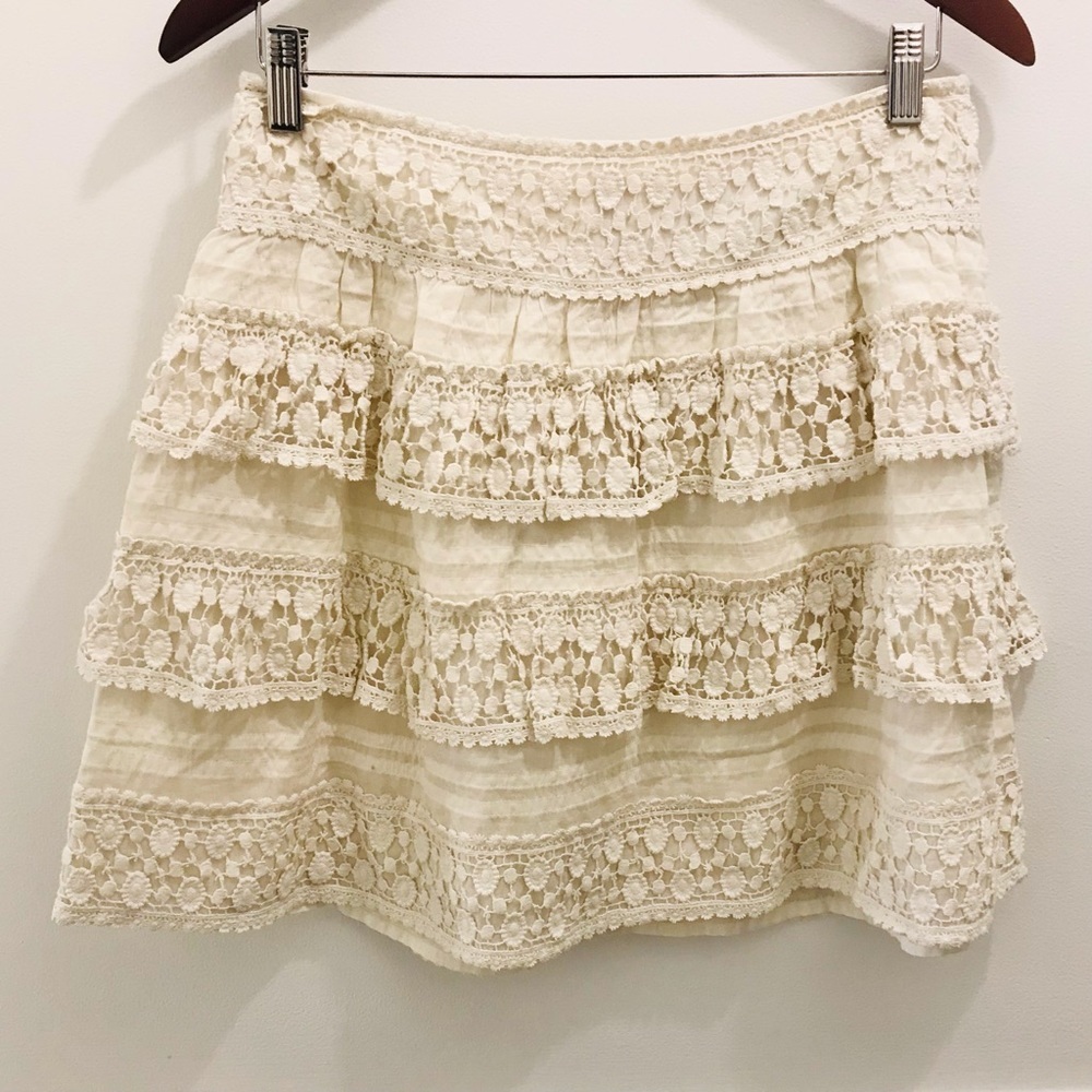 Anthropologie Leifsdottir Lace Tiered Skirt 4 antique ivory crochet